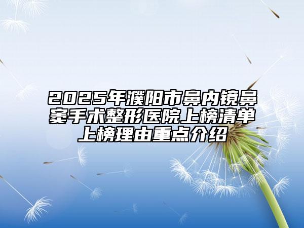 2025年濮阳市鼻内镜鼻窦手术整形医院上榜清单上榜理由重点介绍