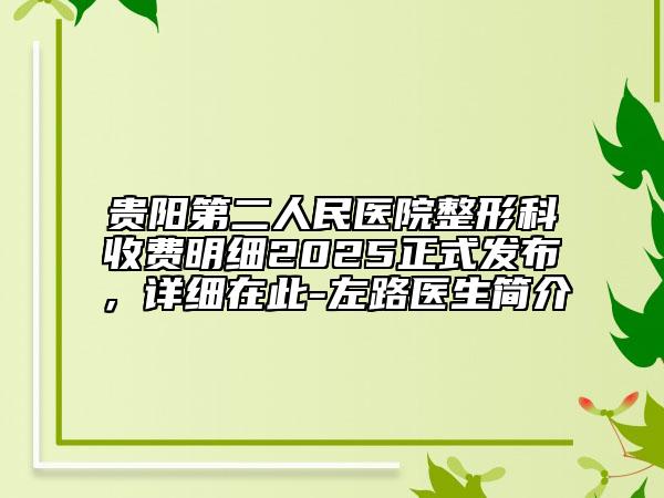 贵阳第二人民医院整形科收费明细2025正式发布，详细在此-左路医生简介